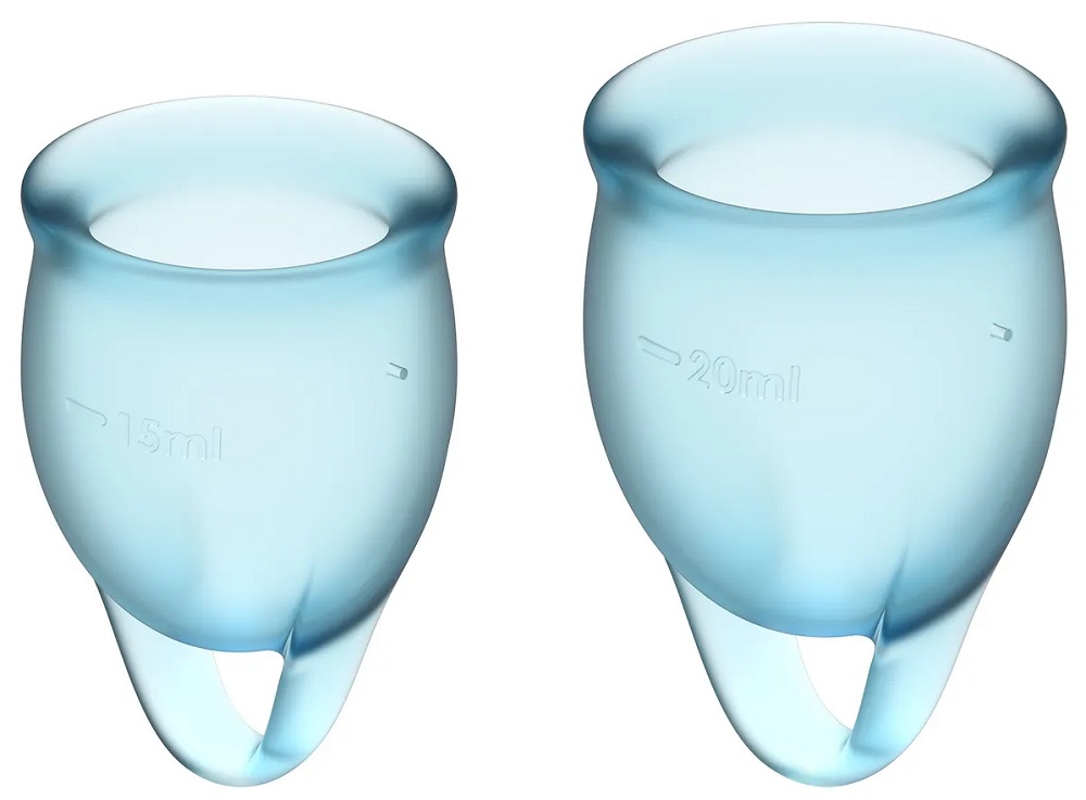 Менструальные чаши Satisfyer Feel Confident 2 шт голубые и мешочек для хранения в комплекте