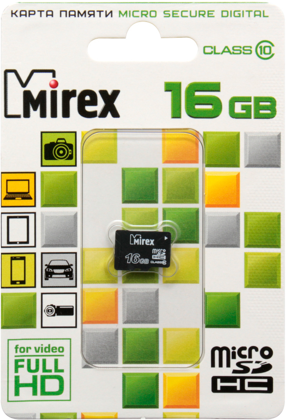 Карта памяти MicroSDHC Mirex 16Gb Class 10 с адаптером Black