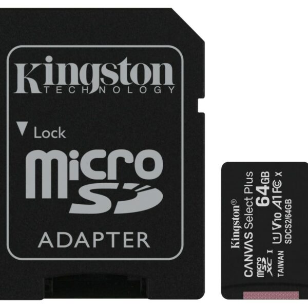 Карта памяти MicroSD Kingston Canvas Select Plus 64Gb Сlass 10 UHS-I A1 с адаптером Black (SDCS2/64GB)