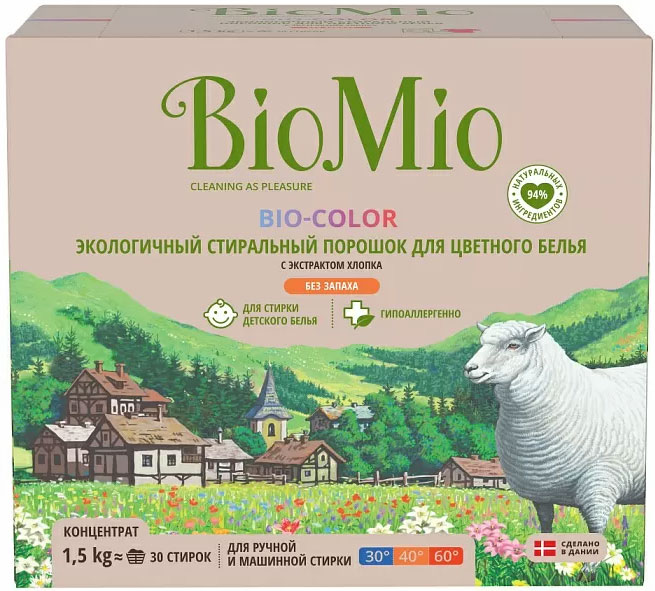 Стиральный порошок-концентрат BioMio Bio-Color для цветного белья с экстрактом хлопка, концентрат, ЭКО 1500гр